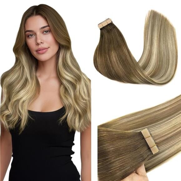 Tape in Hair Extensions Human Hair, 3/8/613 Walnut Brown to Ash Brown - Picture 1 of 6